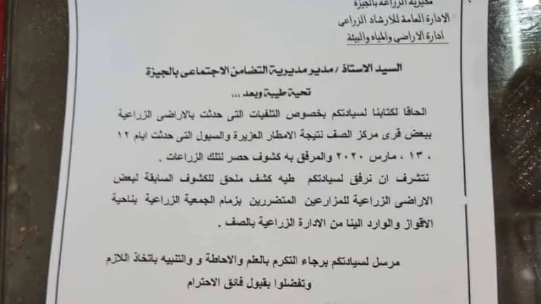 استغاثة لمحافظ الجيزة ..ضياع حقوق مزارعى الصف التى أغرقت السيول أراضيهم ما بين التضامن والزراعة ..الزراعة : حصرنا الأراضى المتضررة وأرسلنا الكشوف فى مايو بريديا.. التضامن: لم يصلنا شئ وليست مسئوليتنا ولم تحدث خسائر