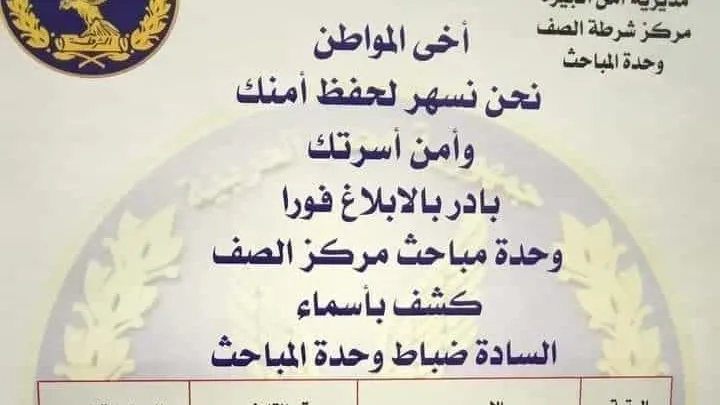 ضباط مباحث الصف ينشرون أرقام هواتفهم لسهولة التواصل مع المواطنين وسرعة الابلاغ عن أى مشكلات تخل بالأمن