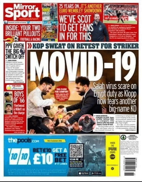 أغلفة الصحف الإنجليزية .. تتصدر إصابة اللاعب المصري محمد صلاح بكورونا