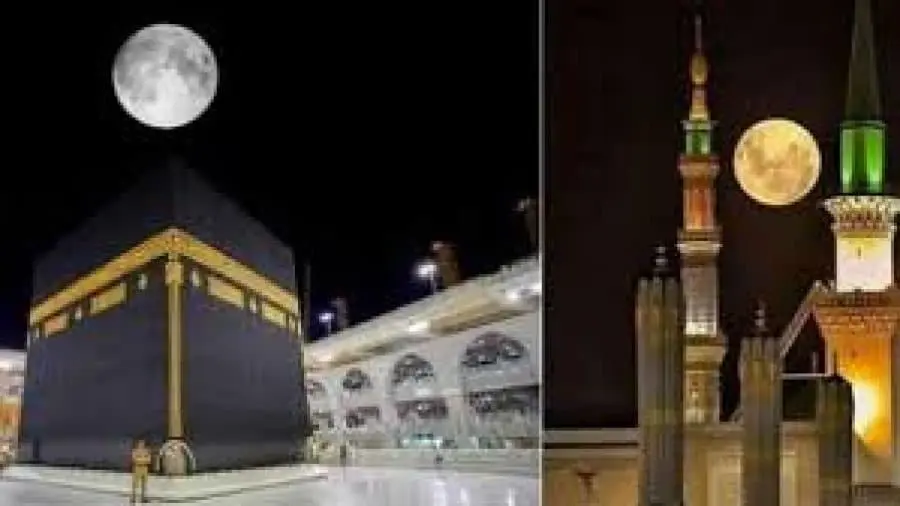 شاهد بالصور .. تعامد القمر فوق الكعبة المشرفة ويعانق منارات القبة الخضراء بالمدينة المنورة