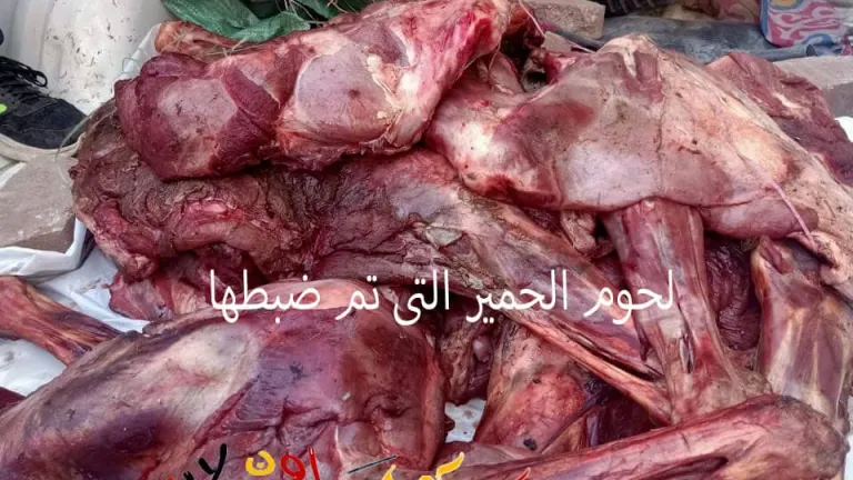 ضبط ما يقرب من 4.15 طن لحوم حمير ودواجن فاسدة غير صالحه للاستخدام الادمي بهذه المناطق فى الجيزة