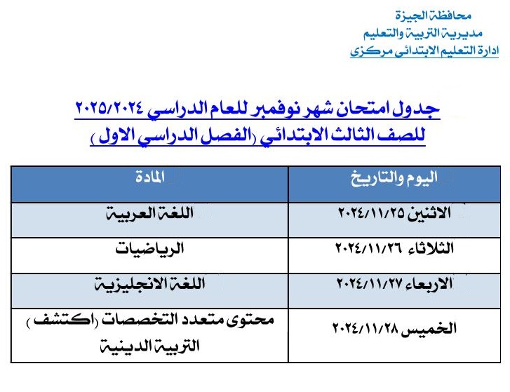 تعليم الجيزة .. تعلن عن جداول امتحانات شهر نوفمبر 2024 م 3 تعليم الجيزة .. تعلن عن جداول امتحانات شهر نوفمبر 2024 م