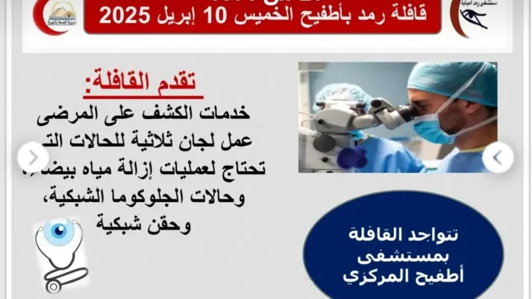 غدًا .. قافلة طبية بمستشفى أطفيح للكشف عن أمراض العيون وإجراء التقييمات الجراحية