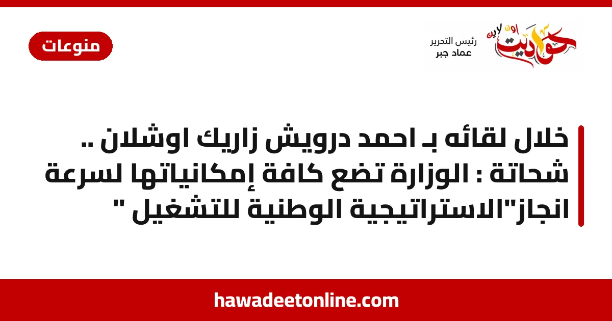 خلال لقائه بـ احمد درويش زاريك اوشلان .. شحاتة : الوزارة تضع كافة إمكانياتها لسرعة انجاز"الاستراتيجية الوطنية للتشغيل "
